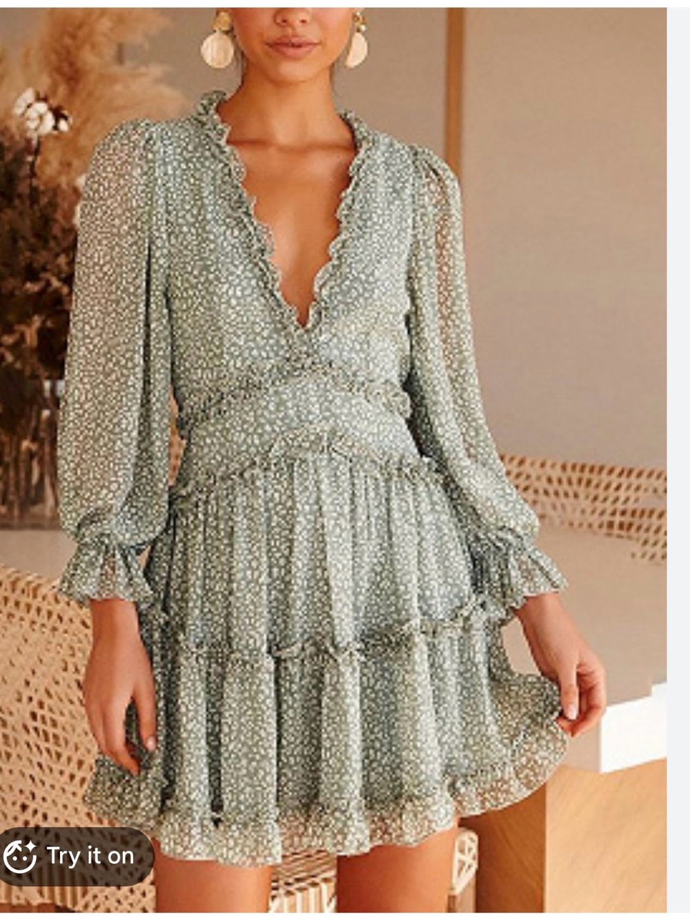 Sage Green Ruffle Tiered Floral Dress